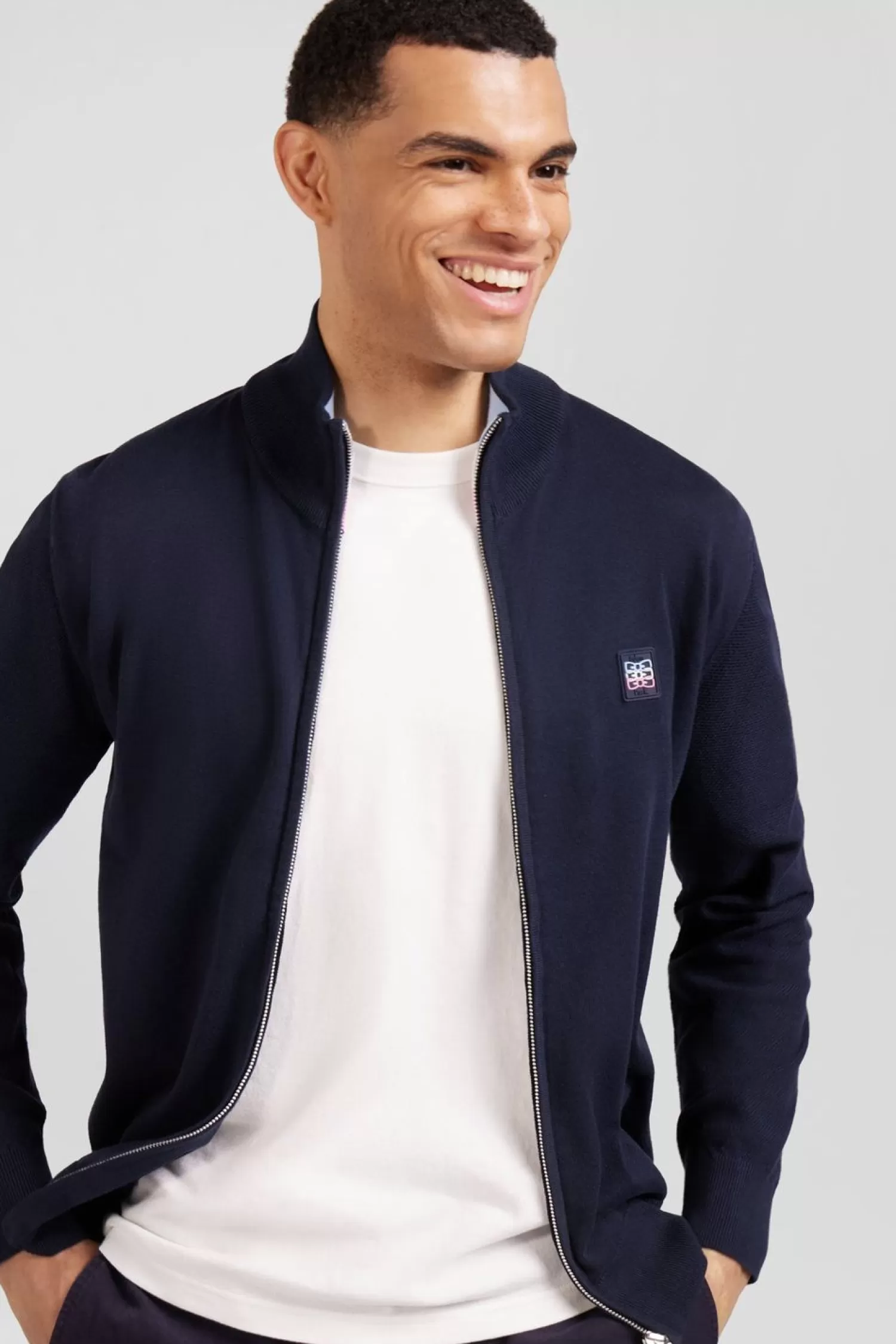 Eden Park Cardigan Zippe Marine En Coton Embleme Tricolore-Homme Cardigans