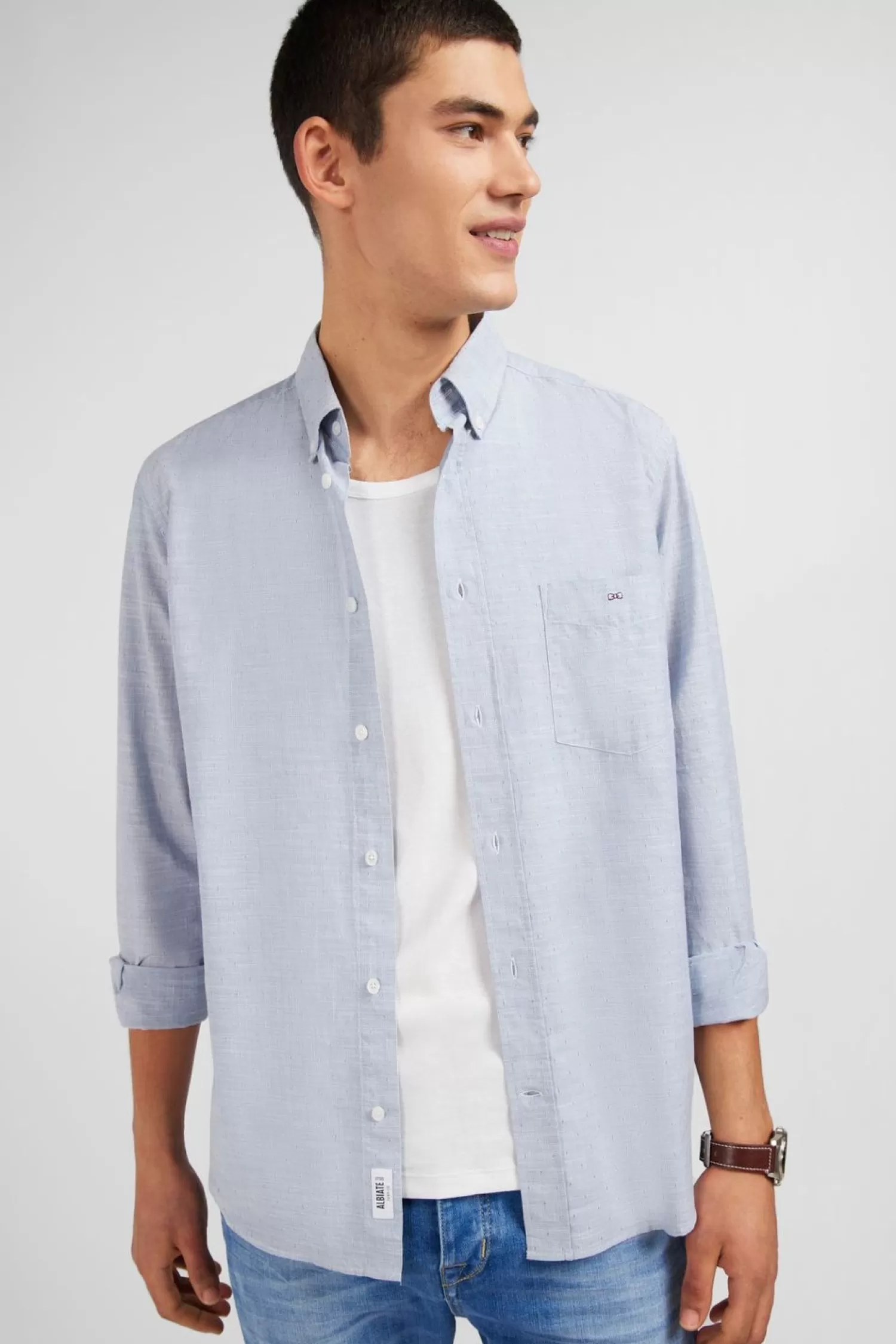 chemise_bleue_en_coton_dobby_2.webp Eden Park Chemise Bleue En Coton Dobby-Homme Chemises