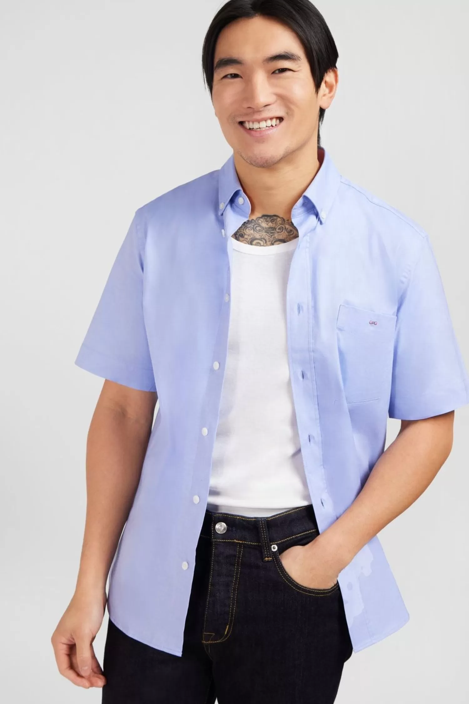 chemisette_bleu_unie_en_coton_3.webp Eden Park Chemisette Bleu Unie En Coton-Homme Chemisettes