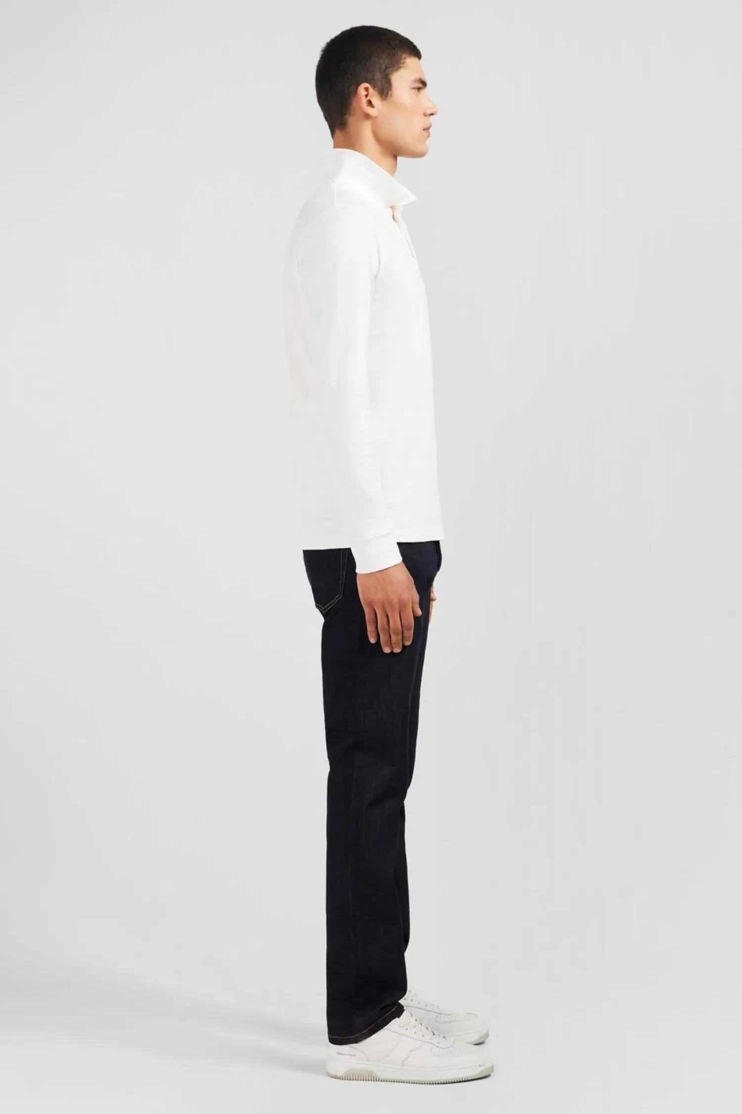 Eden Park Polo Manches Longues Blanc Uni En Pique De Coton Stretch-Homme Polos