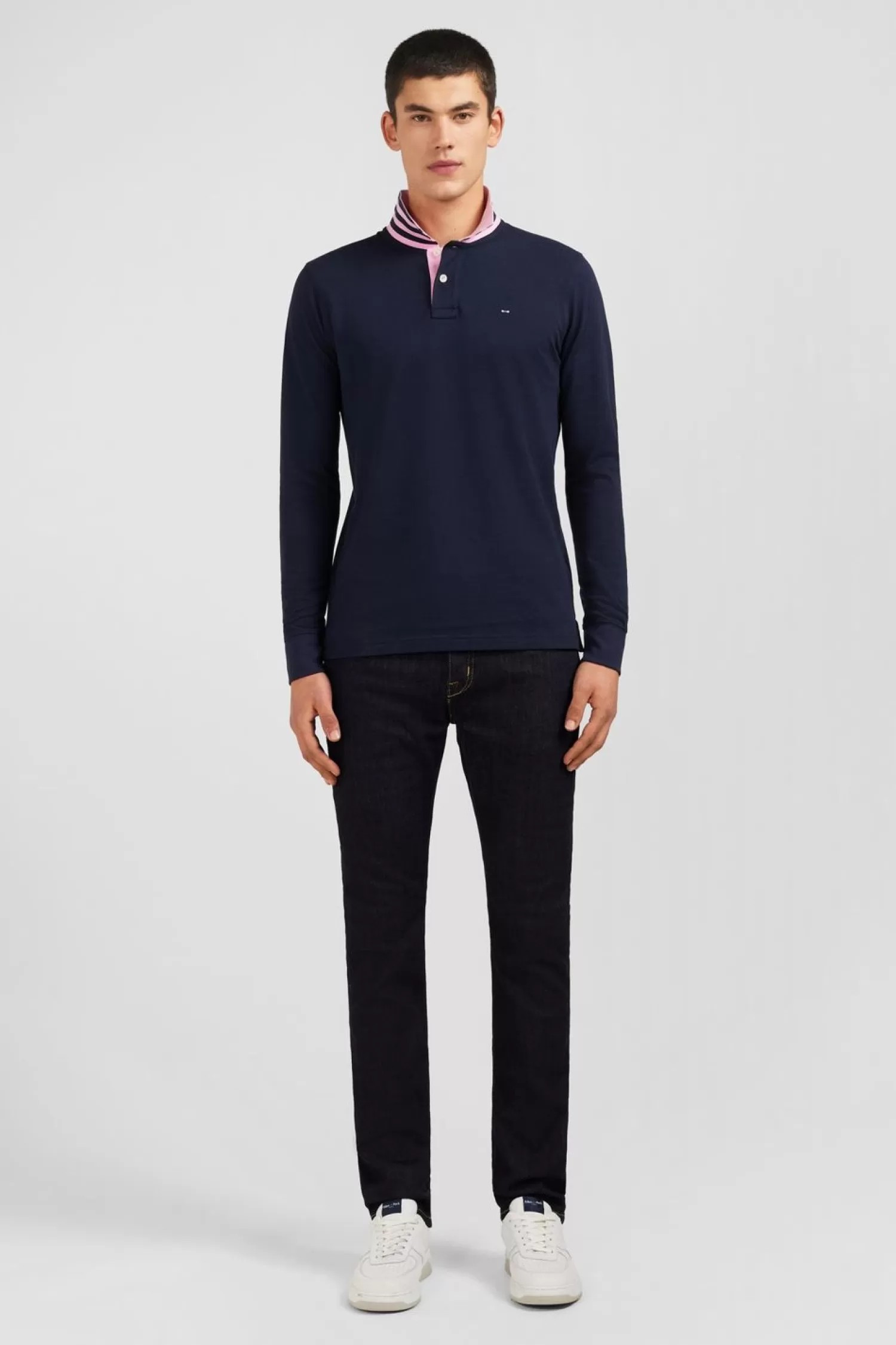 Eden Park Polo Manches Longues Bleu Marine En Coton Avec Col Contraste-Homme Polos