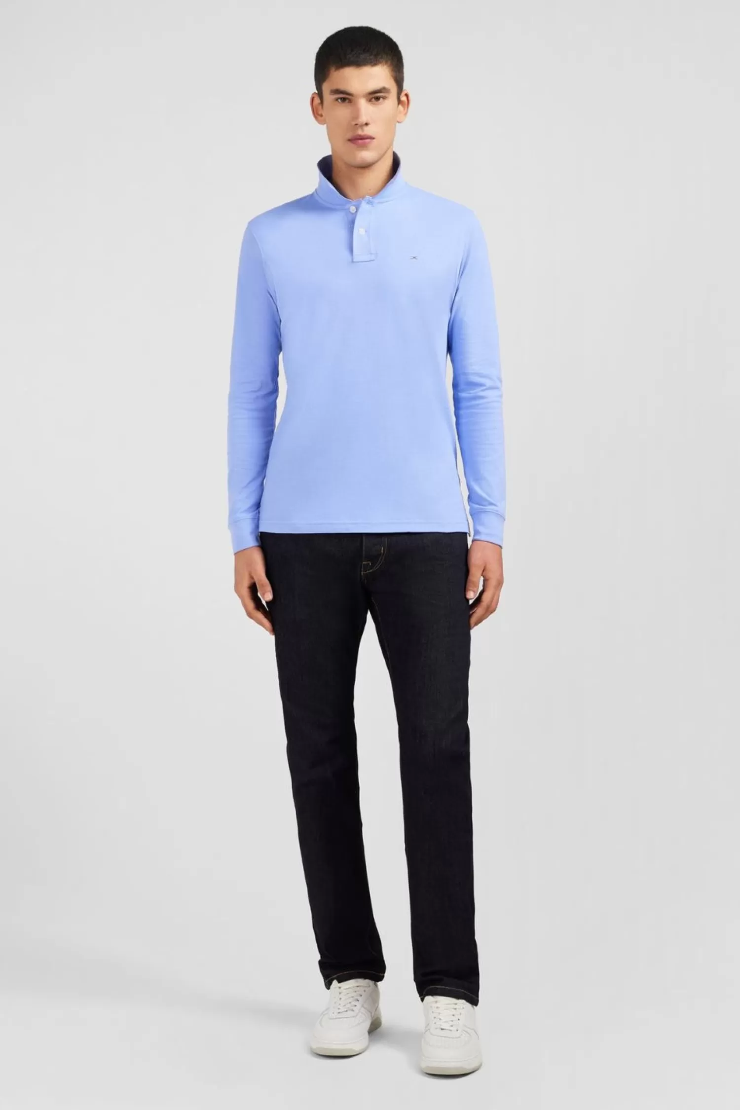 Eden Park Polo Manches Longues Bleu Uni En Pique De Coton Stretch-Homme Polos