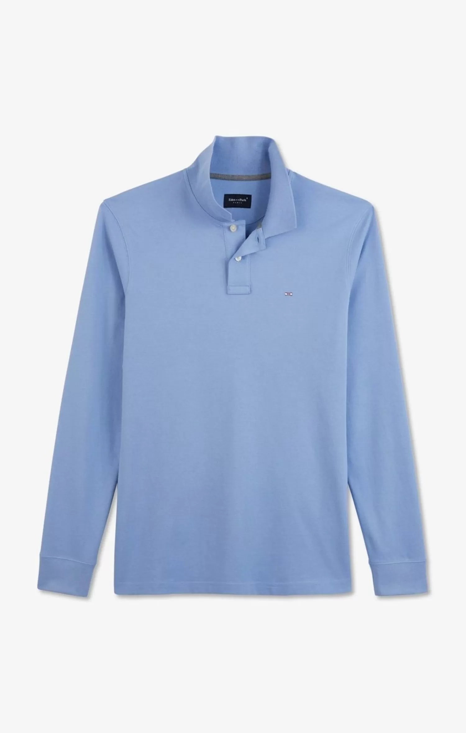 Eden Park Polo Manches Longues Bleu Uni En Pique De Coton Stretch-Homme Polos