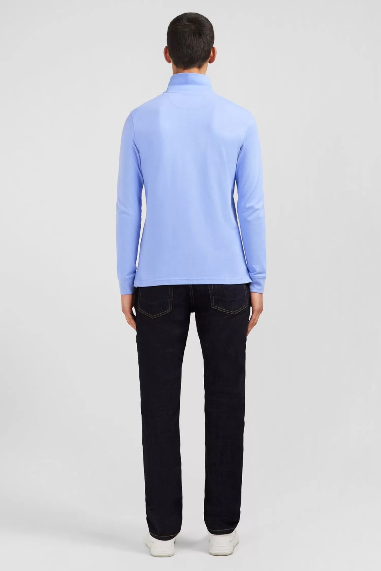 Eden Park Polo Manches Longues Bleu Uni En Pique De Coton Stretch-Homme Polos