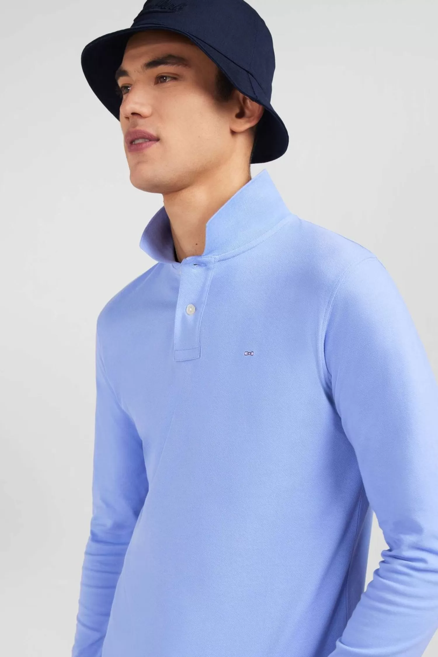 Eden Park Polo Manches Longues Bleu Uni En Pique De Coton Stretch-Homme Polos