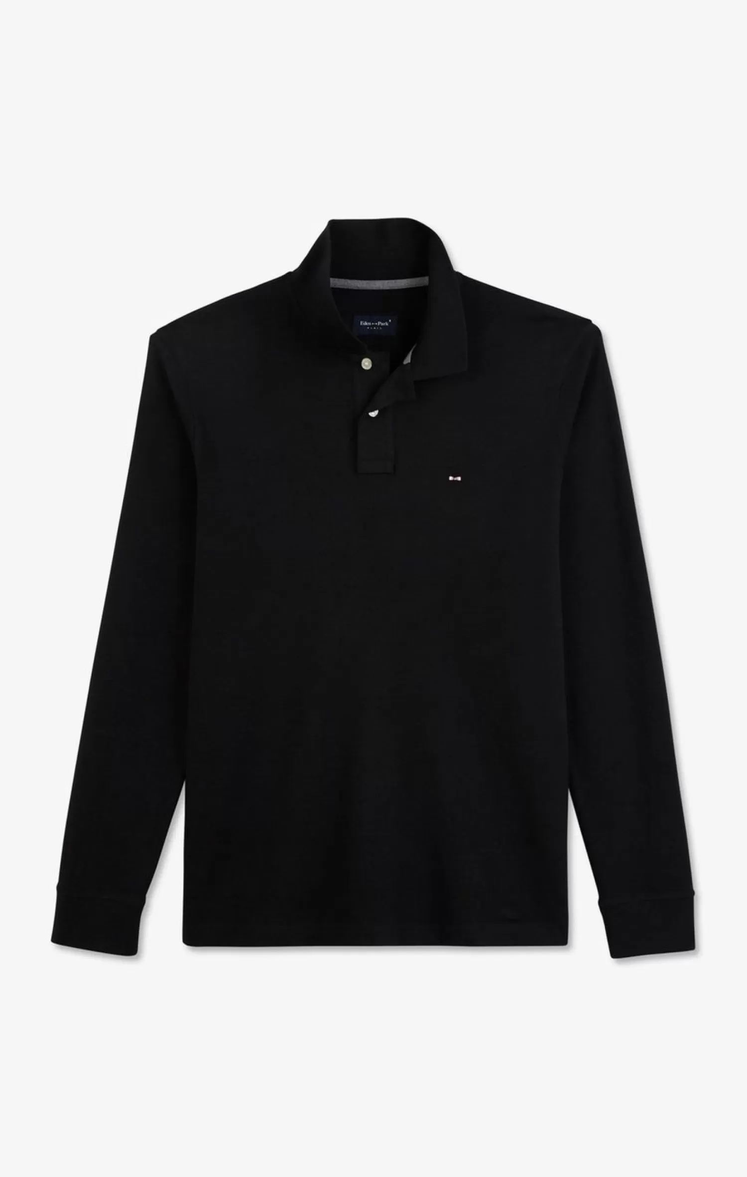 Eden Park Polo Manches Longues Noir Uni En Pique De Coton Stretch-Homme Polos