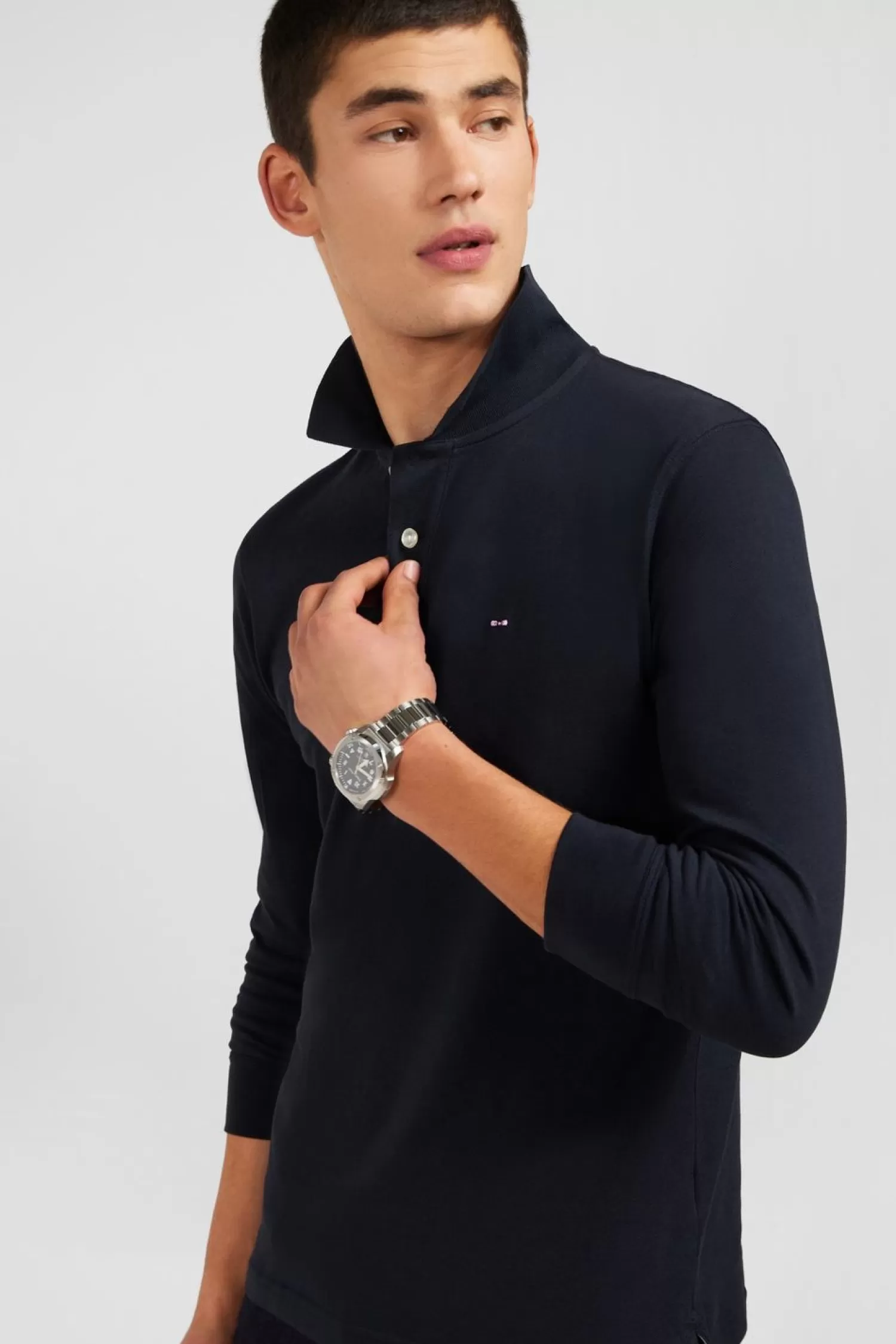 Eden Park Polo Manches Longues Noir Uni En Pique De Coton Stretch-Homme Polos