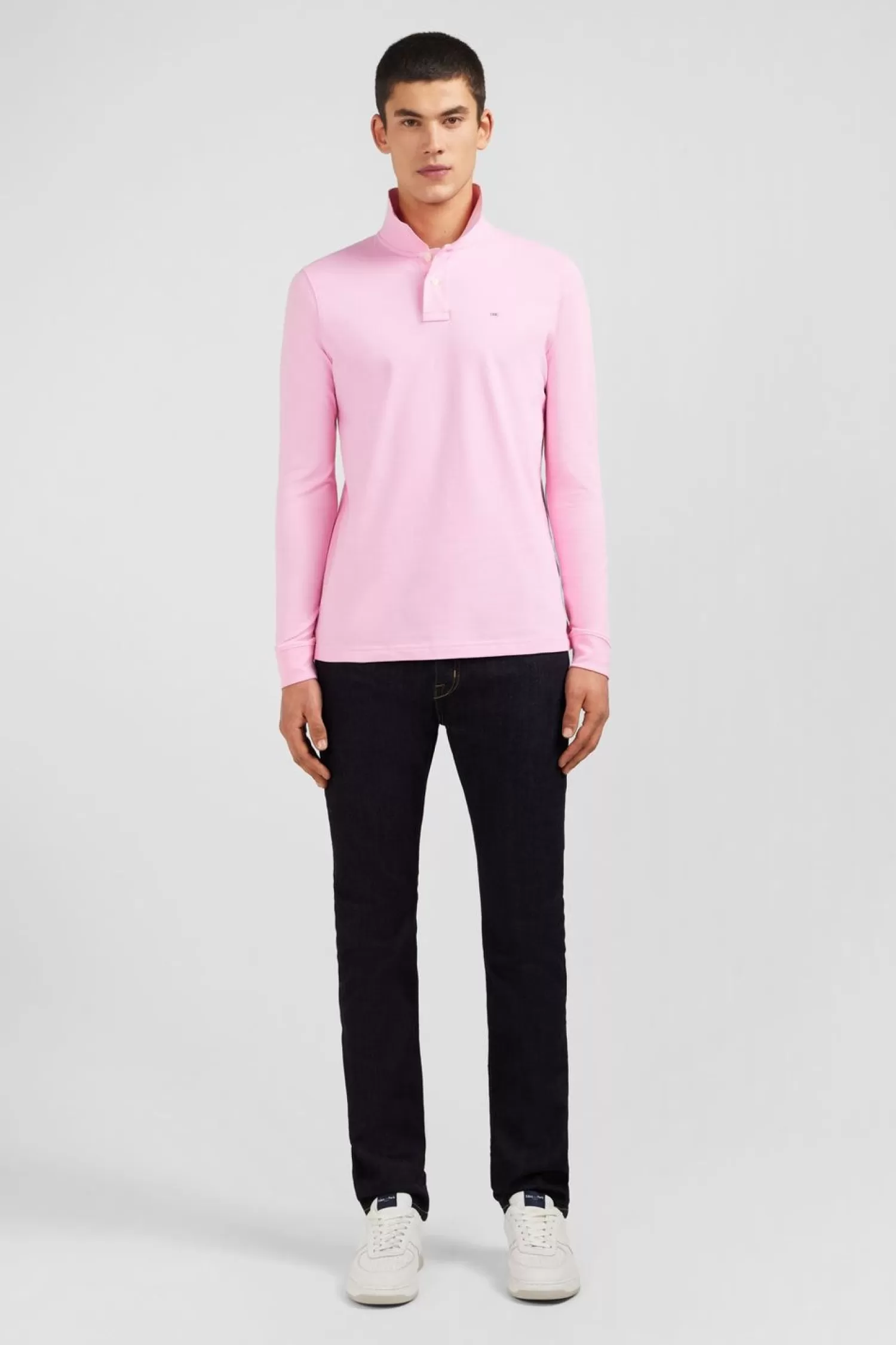 Eden Park Polo Manches Longues Rose Uni En Pique De Coton Stretch-Homme Polos