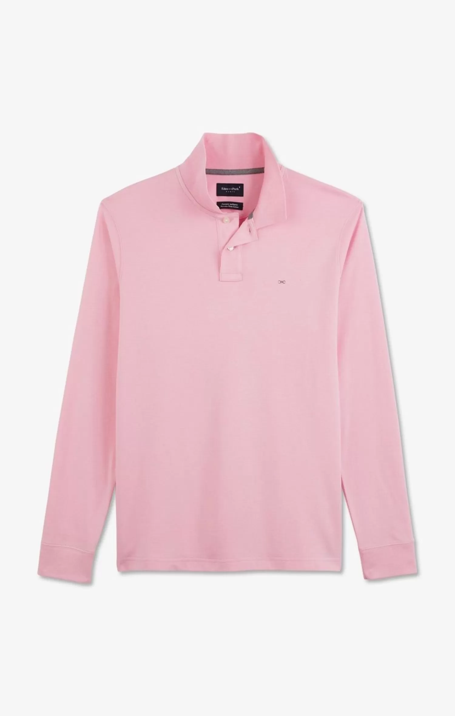 Eden Park Polo Manches Longues Rose Uni En Pique De Coton Stretch-Homme Polos