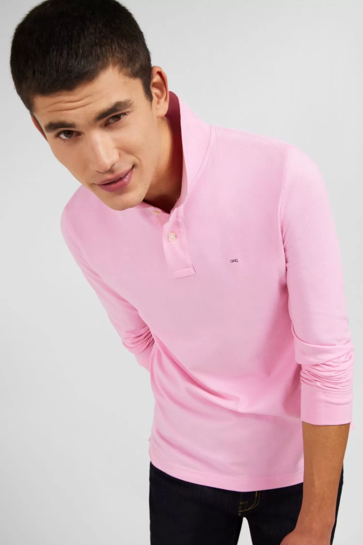 Eden Park Polo Manches Longues Rose Uni En Pique De Coton Stretch-Homme Polos