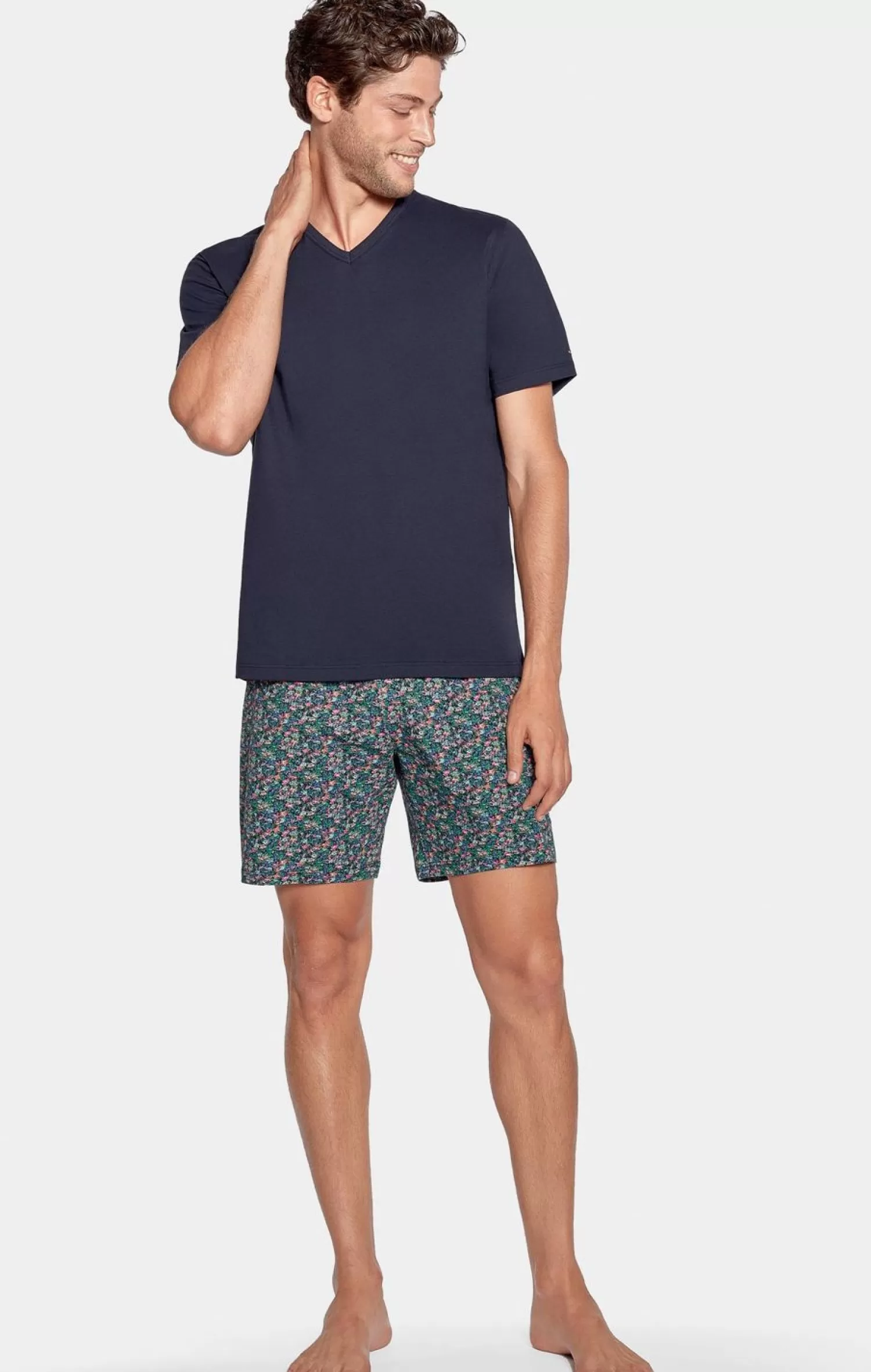 Eden Park Pyjama Court Marine A Micro Motifs Fleurs En Jersey Coton-Homme Pyjamas