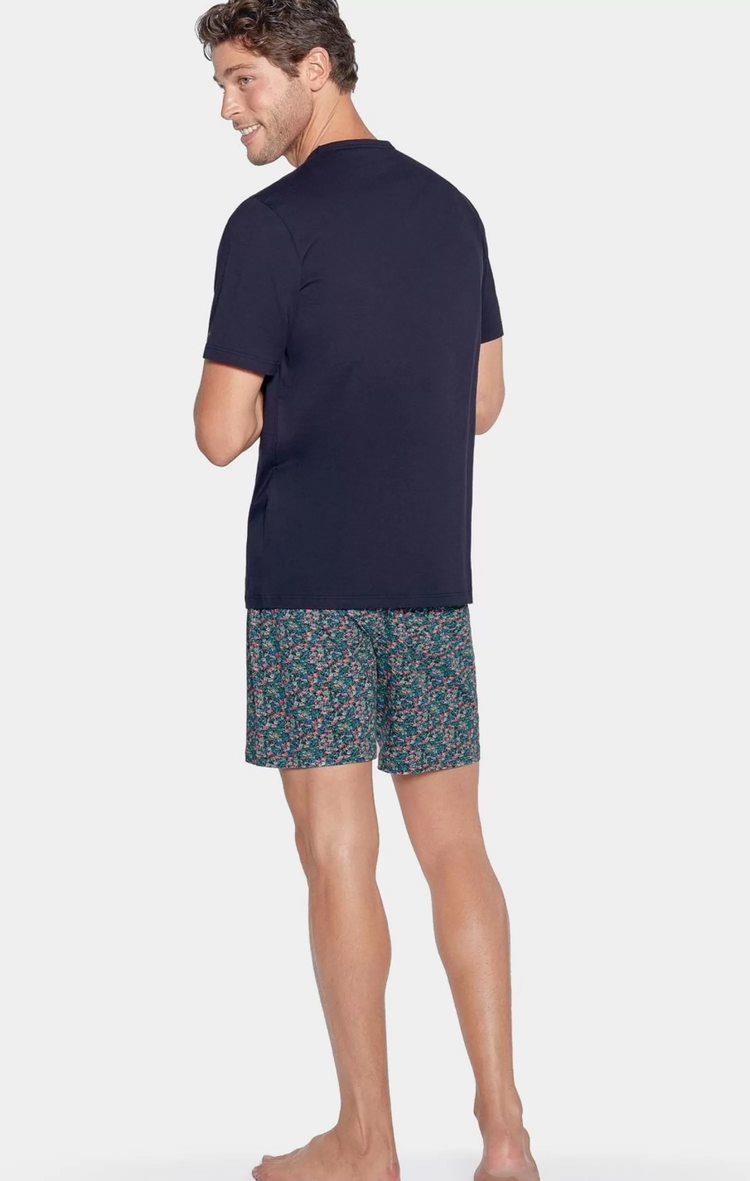 Eden Park Pyjama Court Marine A Micro Motifs Fleurs En Jersey Coton-Homme Pyjamas