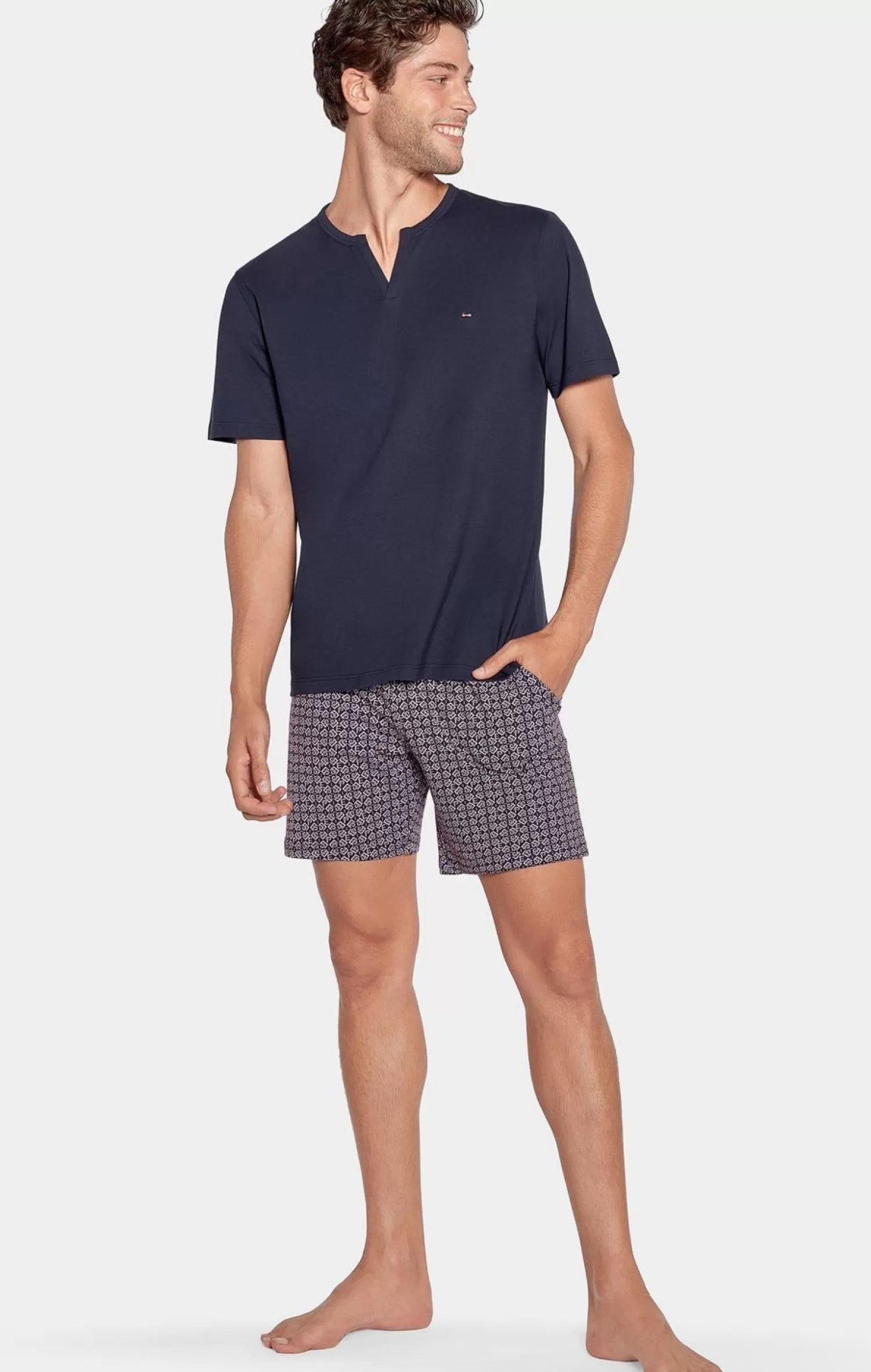 Eden Park Pyjama Court Marine A Micro Motifs Initiales En Jersey Coton-Homme Pyjamas