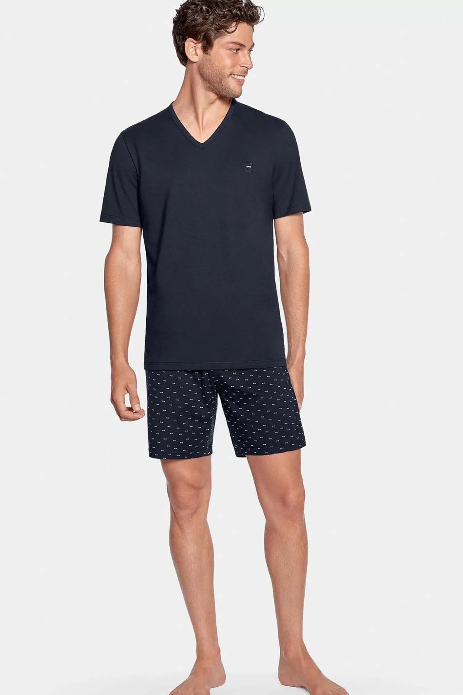 Eden Park Pyjama Court Marine A Short Micro Motifs En Jersey Coton-Homme Pyjamas