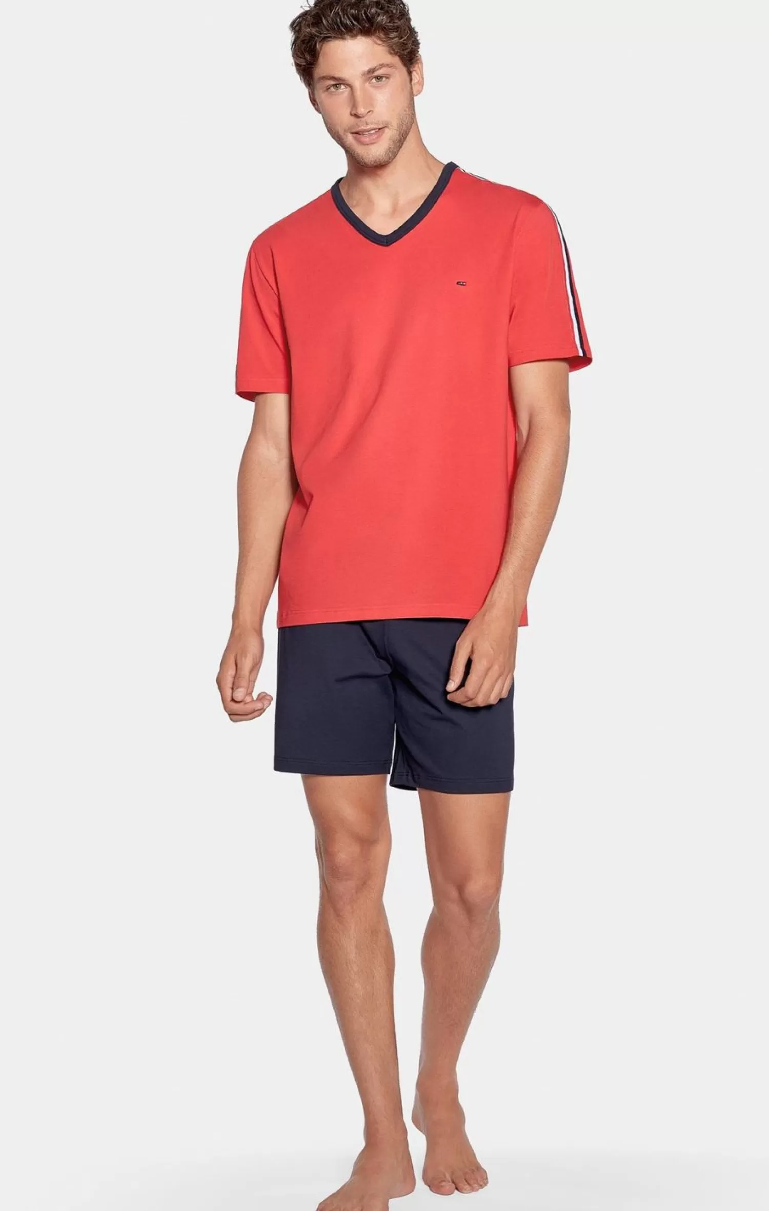 Eden Park Pyjama Court Rouge A Details Tricolores En Jersey Coton-Homme Pyjamas