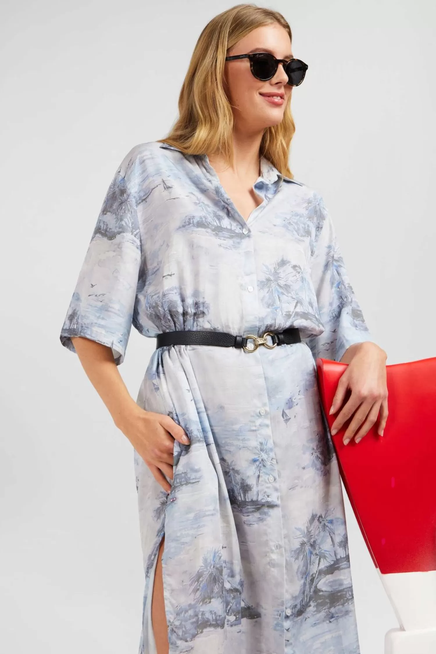 robe_chemise_en_lyocell_bleu_imprime_palmiers_2.webp Eden Park Robe Chemise En Lyocell Bleu Imprime Palmiers-Femme Robes